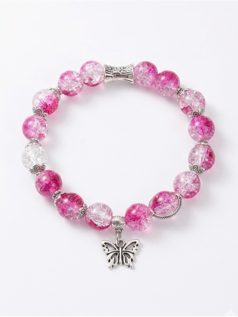 Hand Crafted Pink Crackle Bead Bracelet with Butterfly Charm